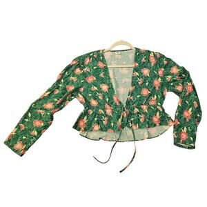 Aritzia Sunday Best SzL Green‎ Pink Floral tie front sexy blouse. Long Sleeve